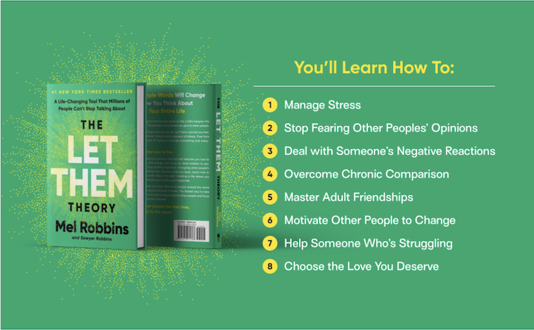 Cover of Mel Robbins' The Let Them Theory with a list of bullets of benefits