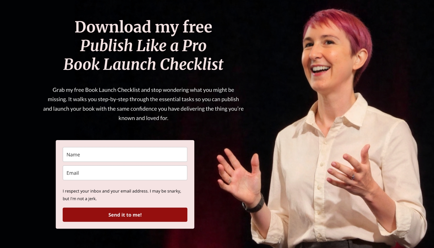 Donna standing with arms in invitation and the sign-up to download her lead magnet