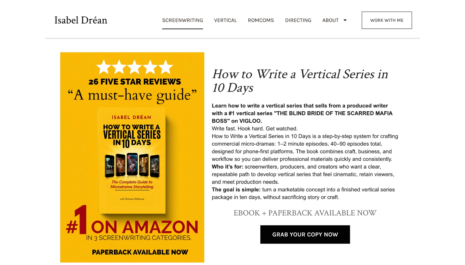 Home page of Isabel Drean's website showing a photo of her recent release and a description of the book